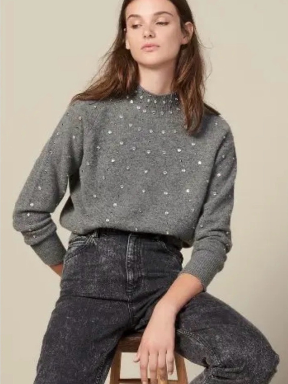 Sandro Grey Wool blend Embellished Grey Crewneck Sweater with Accents Size Mediu